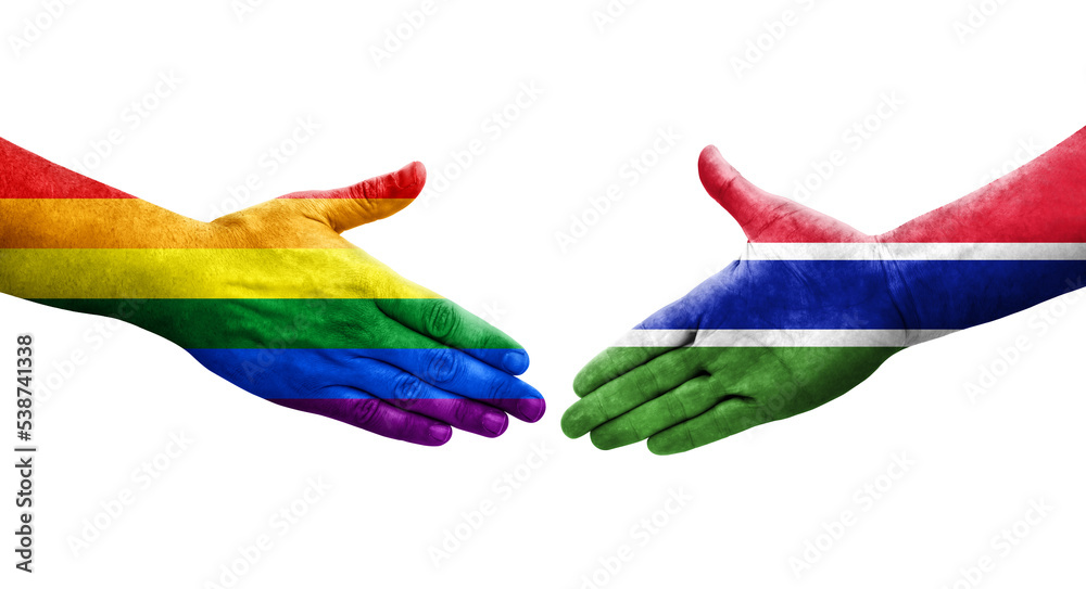 Handshake between Gambia and LGBT flags painted on hands, isolated transparent image.