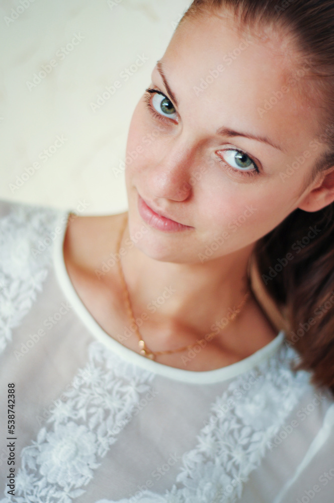 Portrait of Young Brunette Caucasian Girl on white background Portrait of Young Brunette Caucasian Girl on white background