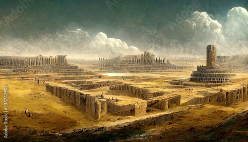Ancient Sumerian city of Eridu, early city in southern Mesopotamia, close to the Persian Gulf near the mouth of the Euphrates River, illustration photo