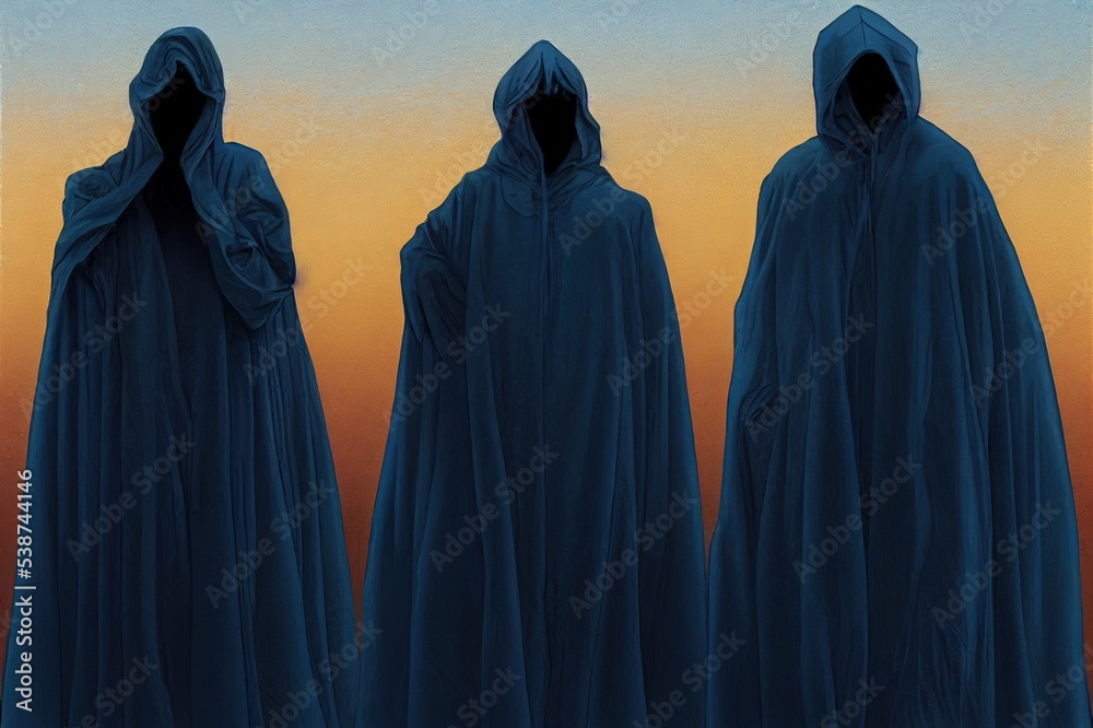 Group of three scary figures in hooded cloaks in the dark