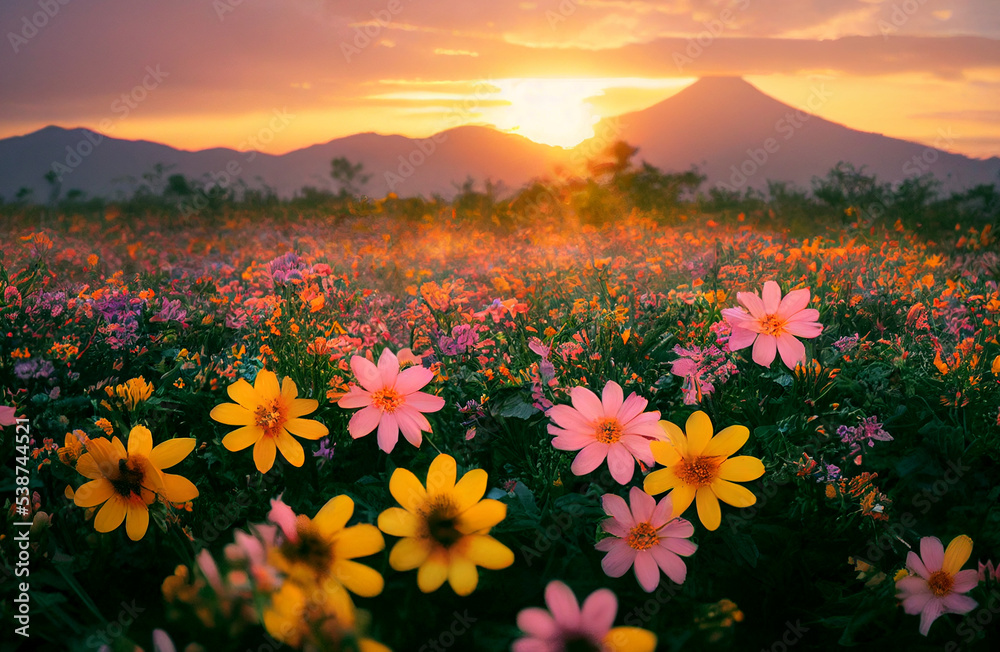 Hermosos amaneceres con flores silvestres foto de Stock | Adobe Stock