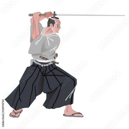 Samurai in Attack Position Illustration