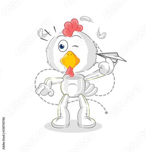 chicken with paper plane character. cartoon mascot vector