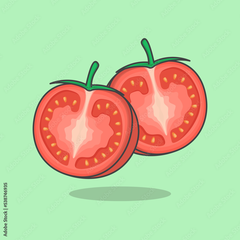 Fototapeta premium Slice Of Tomato Cartoon Vector Illustration. Fresh Tomato Flat Icon Outline. Tomato