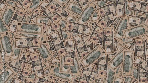 Ten Dollar Bills. Prosperity concept Background with Scattered Banknotes.