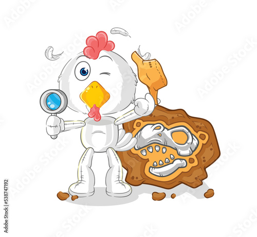 chicken archaeologists with fossils mascot. cartoon vector