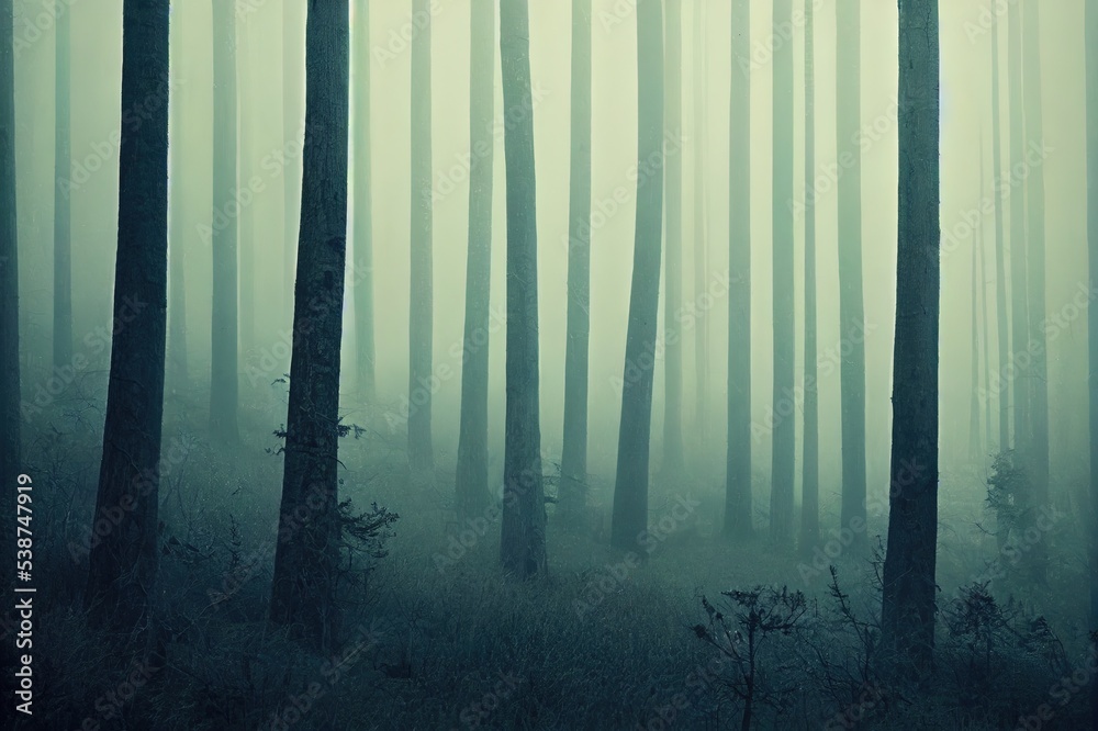 Naklejka premium The pine forest in the valley in the morning is very foggy, the atmosphere looks scary. Dark tone and vintage image.