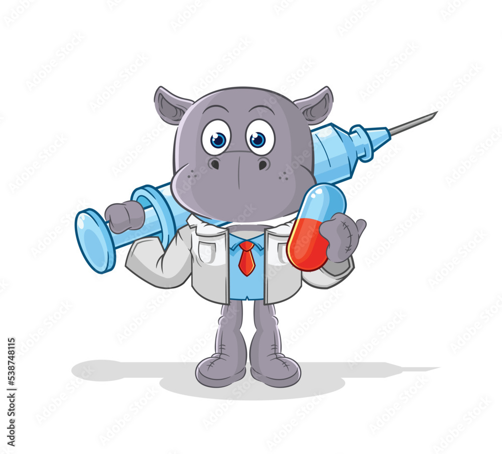 hippopotamus doctor holding medichine and injection hippopotamus doctor holding medichine and injection