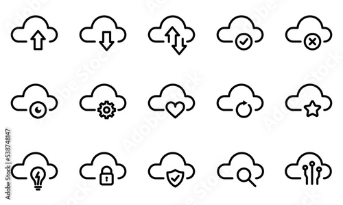 Conjunto de iconos de nubes. Tecnología, servicio, favorito, descargar, subir, seguridad, protección, verificación. Ilustración vectorial