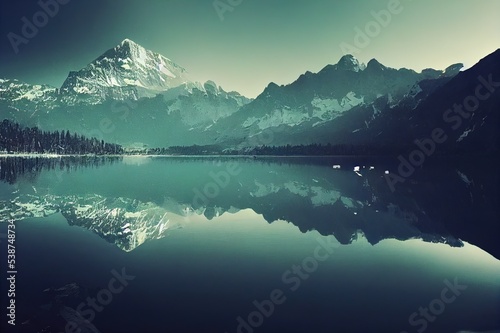 Reflection of mountain peaks in the lake. Mountain lake reflection. Mountain lake view. Lake in mountains © 2rogan