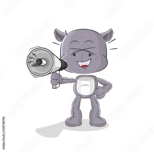 hippopotamus holding hand loudspeakers vector. cartoon character