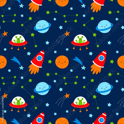 Seamless pattern for sewing baby clothing and printing on fabric. Space adventure. Rocket, planet and ufo. Printing on fabric and wrapping paper Wallpaper in nursery.