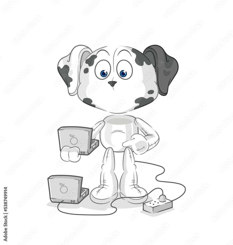 dalmatian dog with laptop mascot. cartoon vector dalmatian dog with laptop mascot. cartoon vector