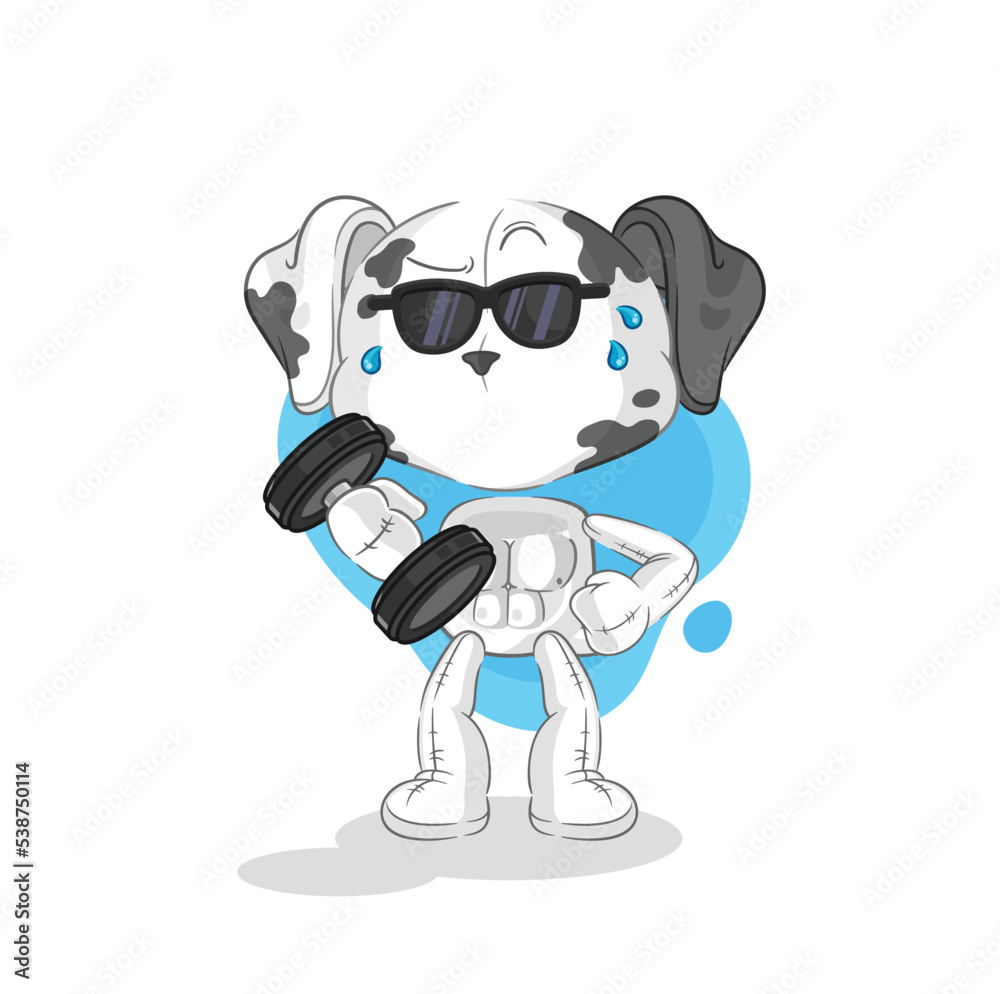 dalmatian dog lifting dumbbell vector. cartoon character dalmatian dog lifting dumbbell vector. cartoon character