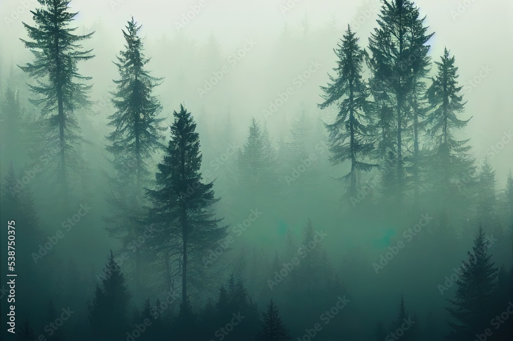 Dense forest with mist in morning with copyspace. Coniferous trees scenery in mysterious haze with space for text. Landscape scene with moody atmosphere.