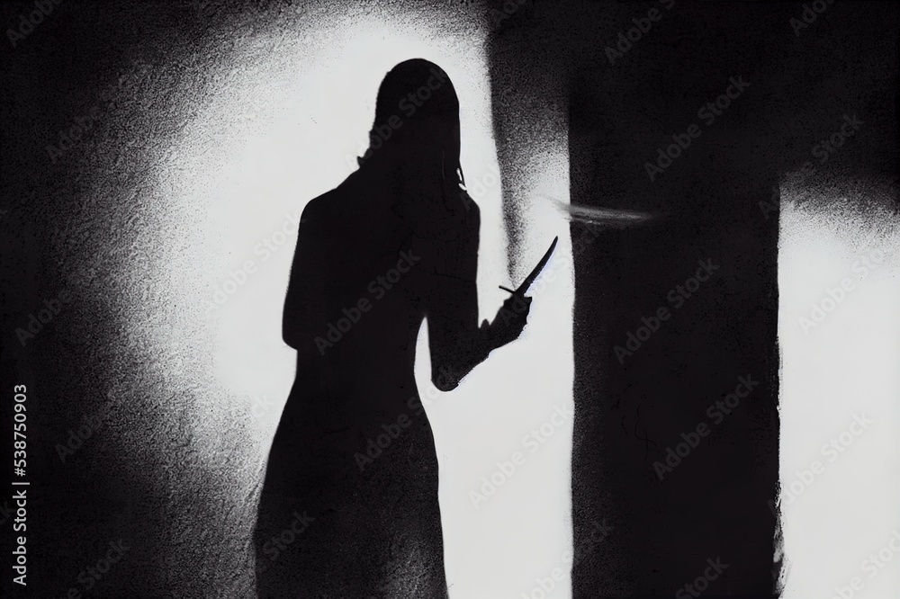 The shadow of a female murderer stood terrifyingly holding a knife and The shadow of a female murderer stood terrifyingly holding a knife and