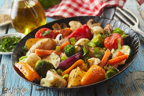 Skillet with yummy fried vegetables