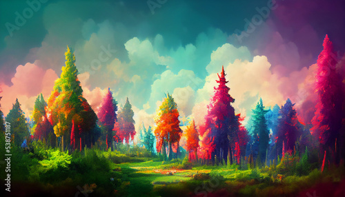Colorful sunset over forest, vibrant forest landscape illustration