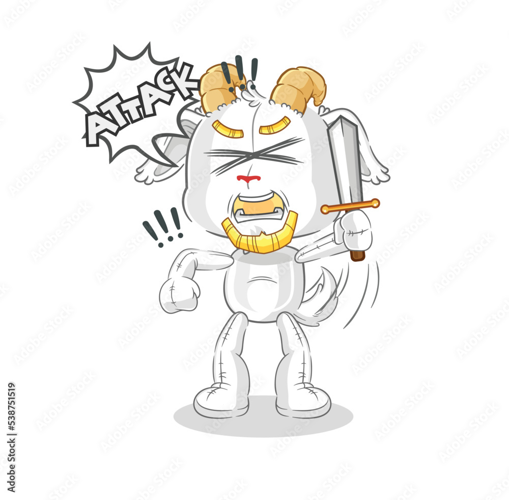 mountain goat knights attack with sword. cartoon mascot vector mountain goat knights attack with sword. cartoon mascot vector
