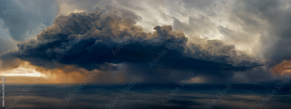 Ominous storm clouds, dramatic cloudscape with dark sky, Thunderstorm clouds, Cumulonimbus. Mother nature, weather system, stormy day. Render - obrazy, fototapety, plakaty 