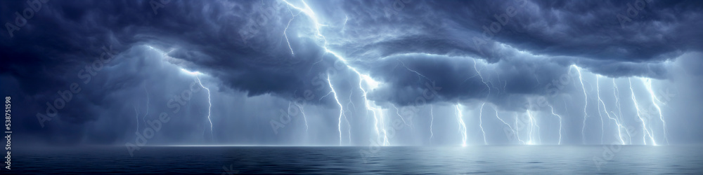 A storm is coming over the ocean with a lot of lightning, thunderbolt. Dramatic scene with dark sky, Thunderstorm clouds, Cumulonimbus. Hurricane. Render