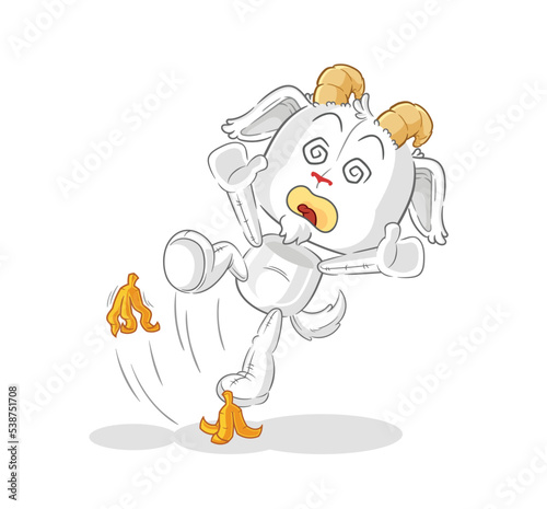 mountain goat slipped on banana. cartoon mascot vector