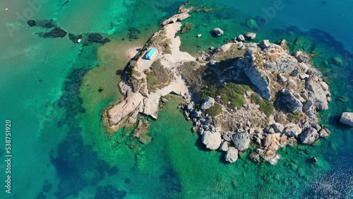 Agios Stefanos beach on Kos island in Greece in the Mediterranean, aerial view of paradise Greek islands, vacation in Greece
