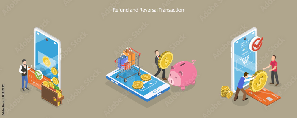 3D Isometric Flat Vector Conceptual Illustration of Refund And Reversal Transaction, Cashback and Financial Savings