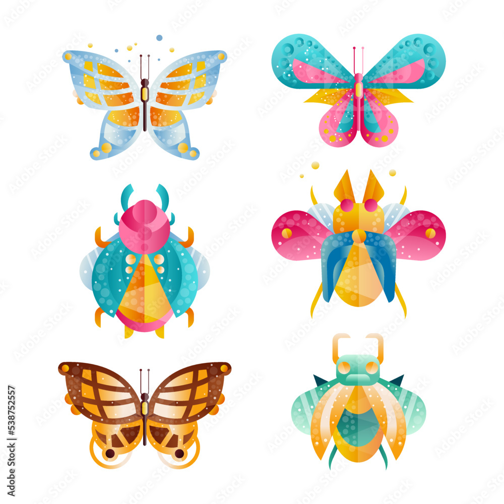 Bugs, Beetles and Butterfly Colorful Insect with Wings and Symmetrical Shape Flat Vector Set