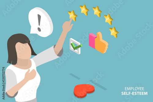 3D Isometric Flat Vector Conceptual Illustration of Employee Self-esteem, Self Confidence