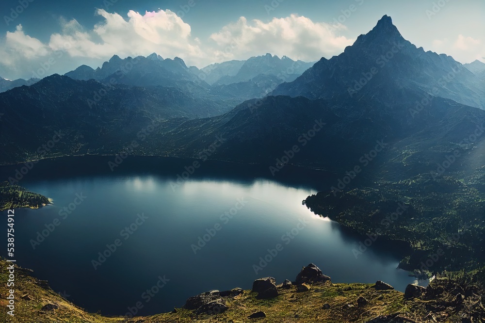 Mountain lake under the clouds. Beautiful mountain lake panorama. Mountain lake panoramic landscape. Lake in mountains