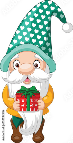 Cartoon happy gnomes holding a gift
