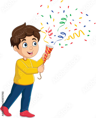Cartoon little boy playing confetti popper