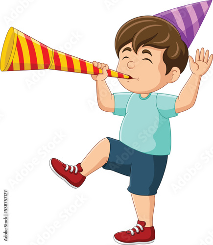 Cartoon little boy blowing a trumpet