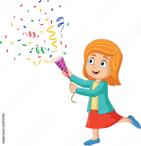 Cartoon little girl playing confetti popper
