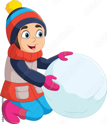 Cartoon little boy in winter clothes with big snowball