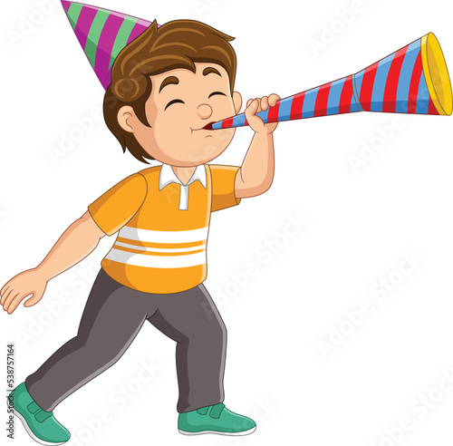 Cartoon little boy blowing a trumpet