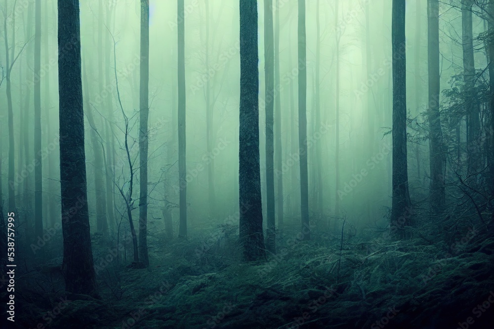 Fototapeta premium Foggy forest in a gloomy landscape