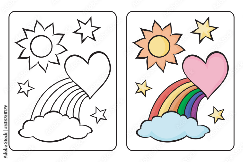 learn to color rainbow, love, clouds, sun and stars