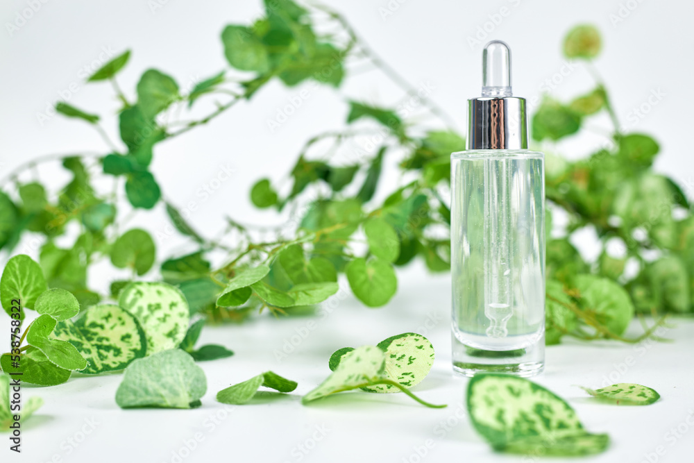 A perfume or essential oil glass bottle on a white background surrounded by green leafs