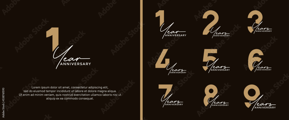 set of anniversary logo flat gold color on black background for celebration moment - obrazy, fototapety, plakaty 