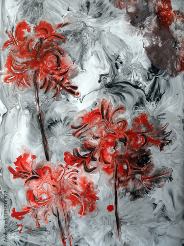 Wallpaper Mural blooming lycoris, spider lily, red flowers on a gray background, acrylic painting Torontodigital.ca