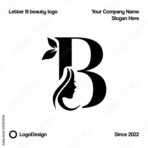 letter B with woman hair, face and leaf silhouette ornament. Suitable for beauty care service logo