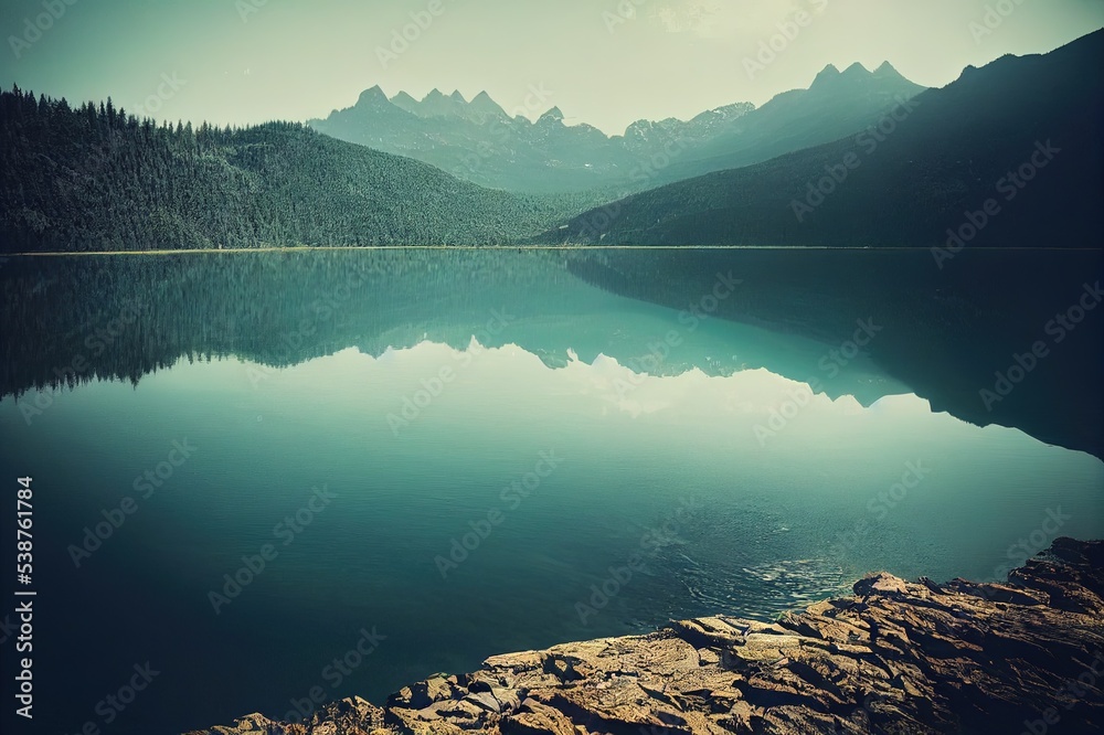 Planked footway on mountain lake. Mountain lake reflection. Lake water reflection in mountains. Mountain lake view