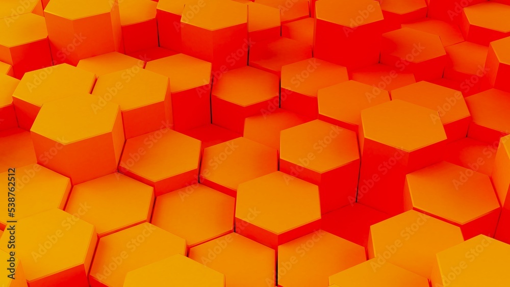 Abstract background with waves made of orange-red gradation futuristic honeycomb mosaic hexagon geometry primitive forms that goes up and down under blue back-lighting. 3D illustration. 3D CG. Abstract background with waves made of orange-red gradation futuristic honeycomb mosaic hexagon geometry primitive forms that goes up and down under blue back-lighting. 3D illustration. 3D CG.