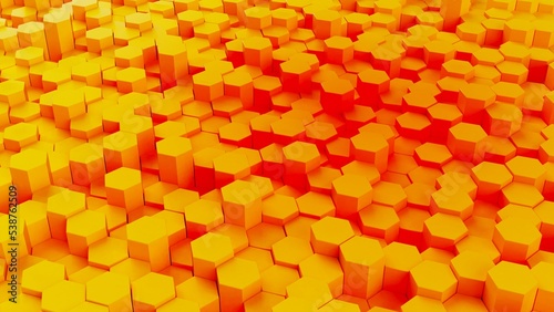 Abstract background with waves made of orange-red gradation futuristic honeycomb mosaic hexagon geometry primitive forms that goes up and down under blue back-lighting. 3D illustration. 3D CG.