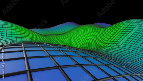 Gradient Blue-Green Mathematical Geometric Abstract Line and Green Surface Wave under Spot Lighting Black Background. Concept 3D illustration of technological innovations, strategies and revolutions.