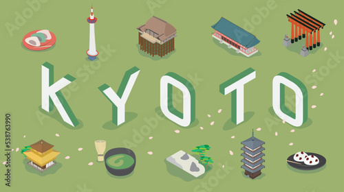 京都のグルメや観光スポットのアイソメイラスト