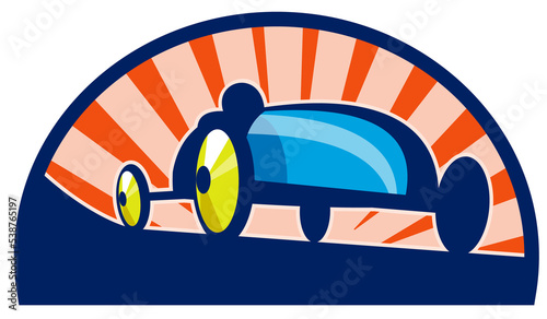 illustration of a Soap box derby car racing with sunburst in the background.