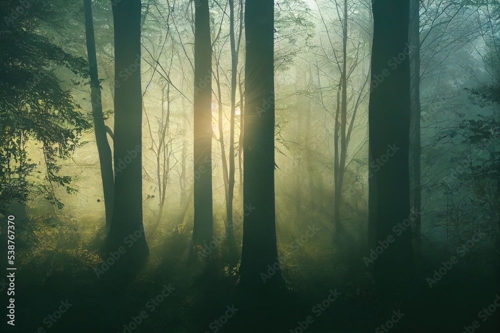 Misty morning in the woods. Rays of light in the forest. Mist fog and the trees nature background.